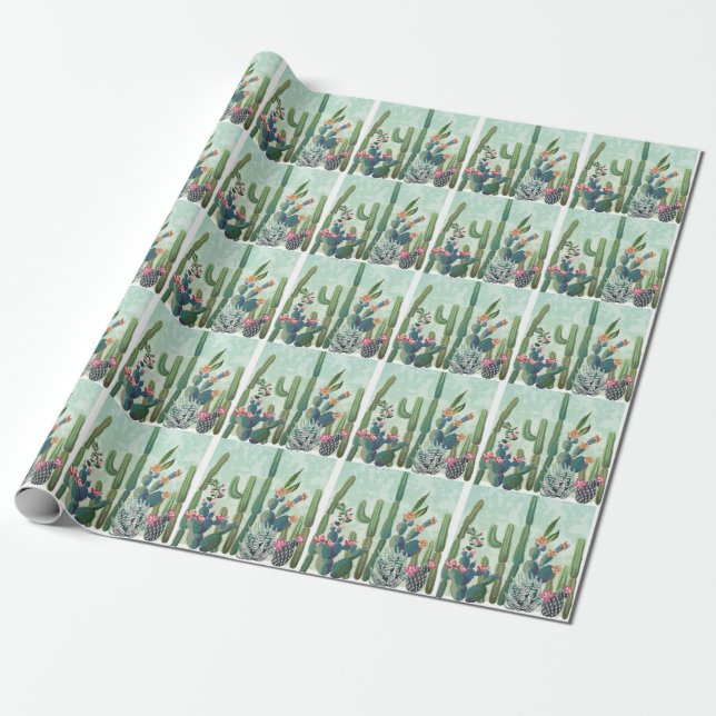 Cute Succulents: Vintage Cactus Pattern Wrapping Paper (Unrolled)