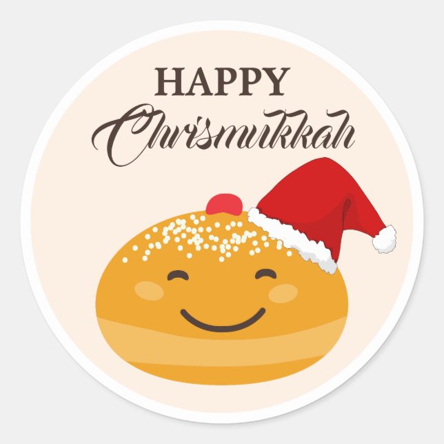 Cute Sufganiyah, Jewish Holiday Happy Chrismukkah  Classic Round Sticker (Front)