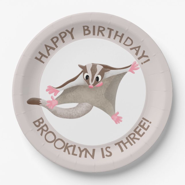 Cute sugar glider personalized cartoon birthday paper plates (Front)