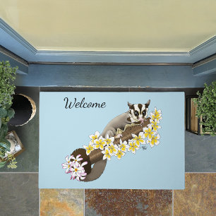 Cute Sugar Glider Tropical Plumeria Flowers Blue Doormat
