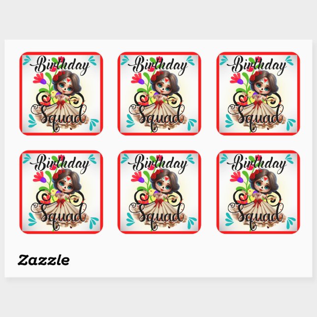 Cute Sugar Skull Birthday Square Sticker (Sheet)