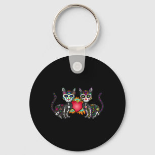 Cute Sugar Skull Cat Duo Heart Mexican Dia De Los  Keychain