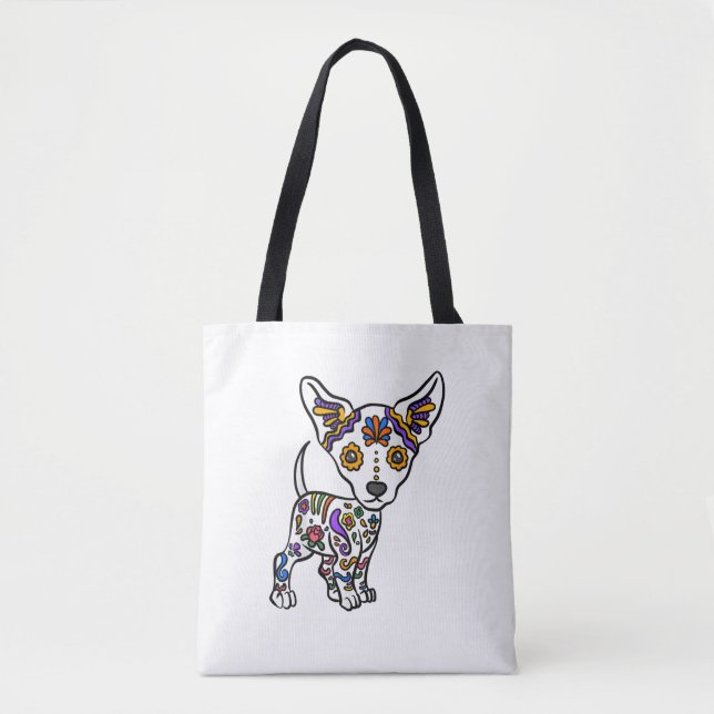 cute sugar skull chihuahua tote bag (Front)