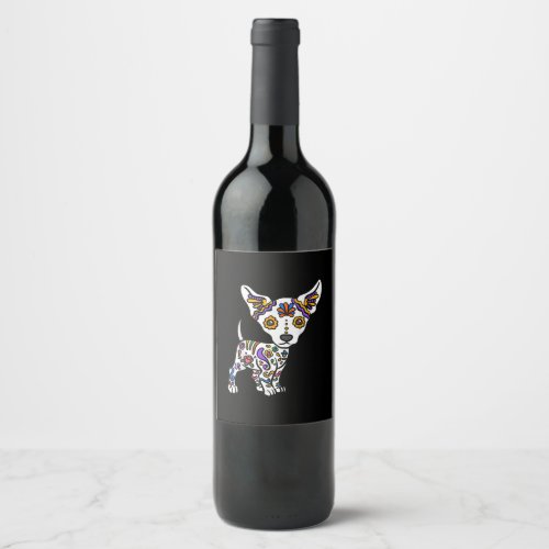 Cute Sugar Skull Chihuahua Wine Label