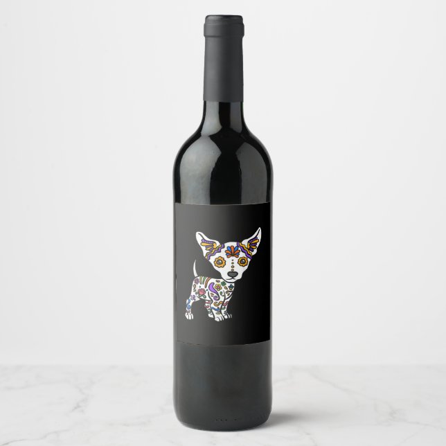 Cute Sugar Skull Chihuahua Wine Label (Front)