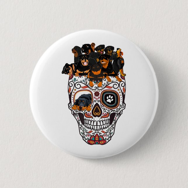 cute sugar skull dog rottweiler skull halloween button (Front)