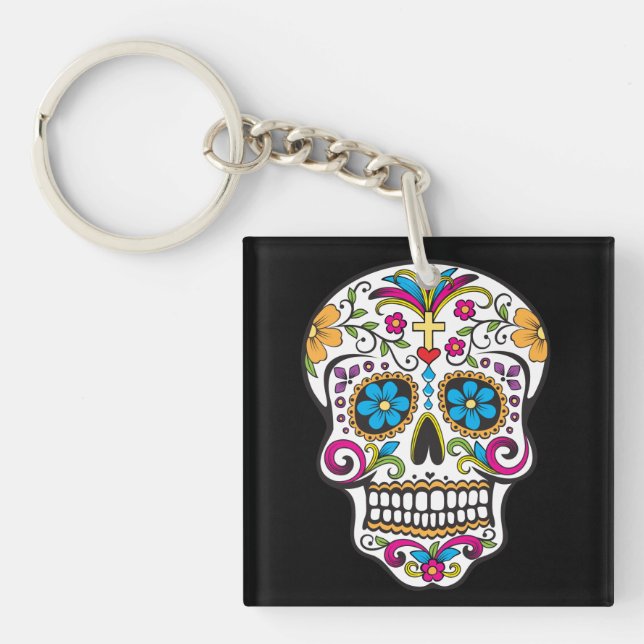 Cute Sugar Skull Happy Day of the Dead Keychain (Front)