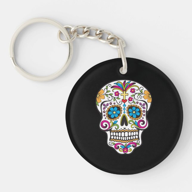 Cute Sugar Skull Happy Day of the Dead Keychain (Front)