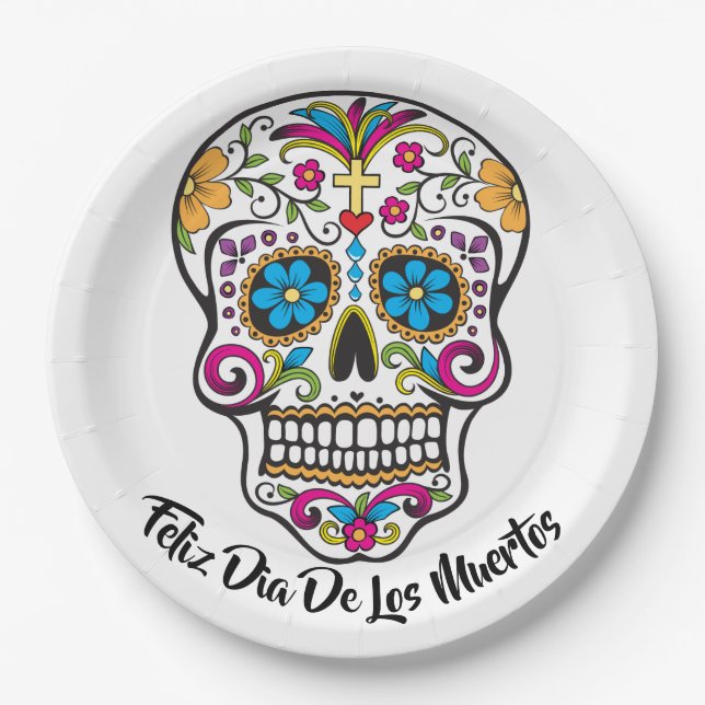 Cute Sugar Skull Happy Day of the Dead Paper Plates (Front)