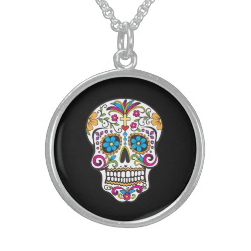 Cute Sugar Skull Happy Day of the Dead Sterling Silver Necklace