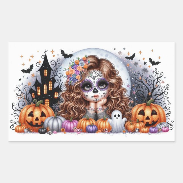 Cute Sugar Skull Haunted Halloween Scene Rectangular Sticker (Front)