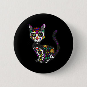 Cute Sugar Skull Mexican Cat Halloween Day Of The  Button