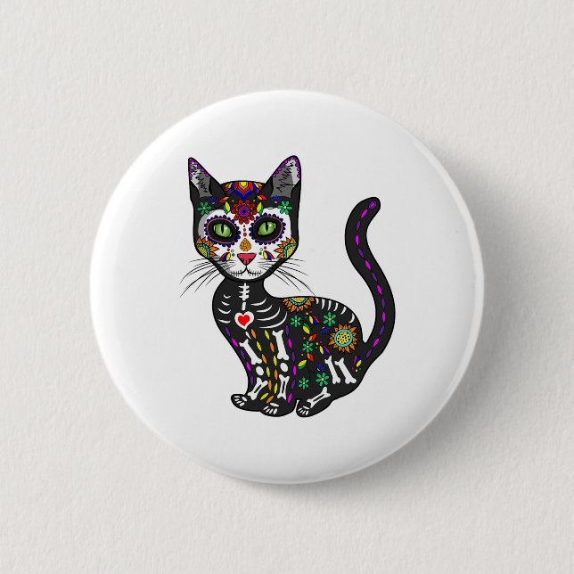Cute Sugar Skull Mexican Cat Halloween Day Of The  Button (Front)