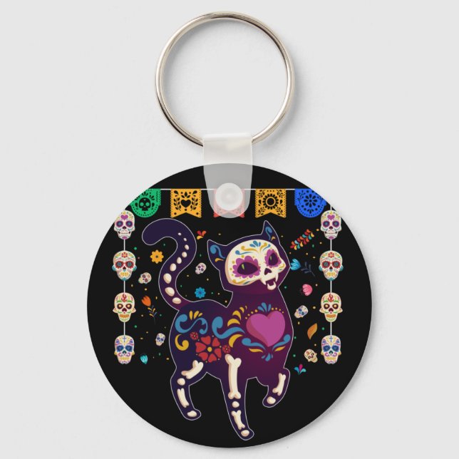 Cute Sugar Skull Mexican Cat Halloween Day Of The Keychain (Front)
