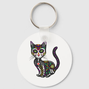 Cute Sugar Skull Mexican Cat Halloween Day Of The  Keychain