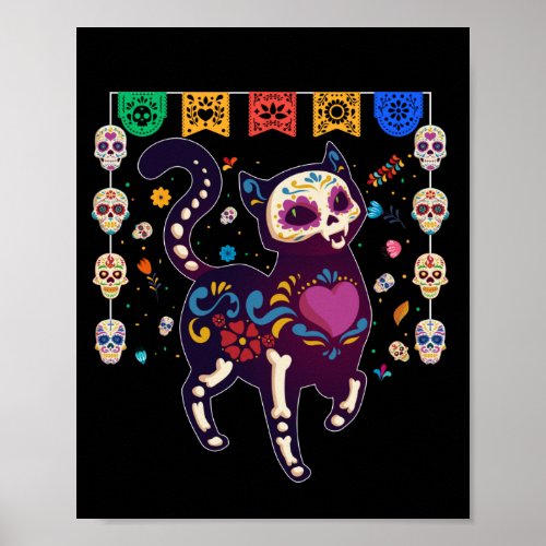 Cute Sugar Skull Mexican Cat Halloween Day Of The Poster