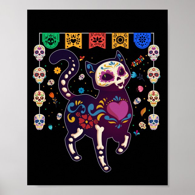 Cute Sugar Skull Mexican Cat Halloween Day Of The Poster (Front)