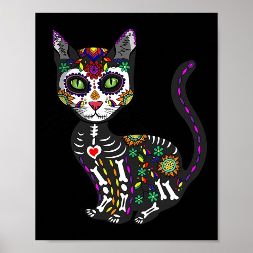 Cute Sugar Skull Mexican Cat Halloween Day Of The  Poster