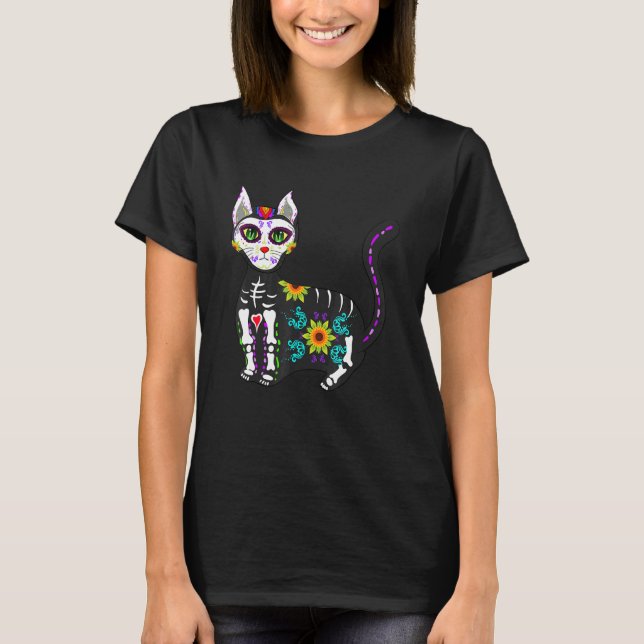 Cute Sugar Skull Mexican Cat Halloween Day Of The  T-Shirt (Front)