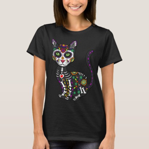 Cute Sugar Skull Mexican Cat Halloween Day Of The  T_Shirt