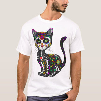 Cute Sugar Skull Mexican Cat Halloween Day Of The  T-Shirt