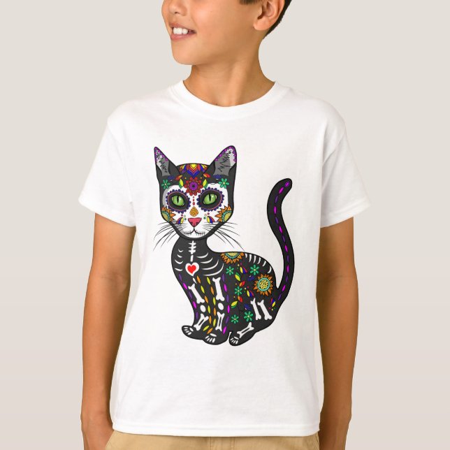 Cute Sugar Skull Mexican Cat Halloween Day Of The  T-Shirt (Front)