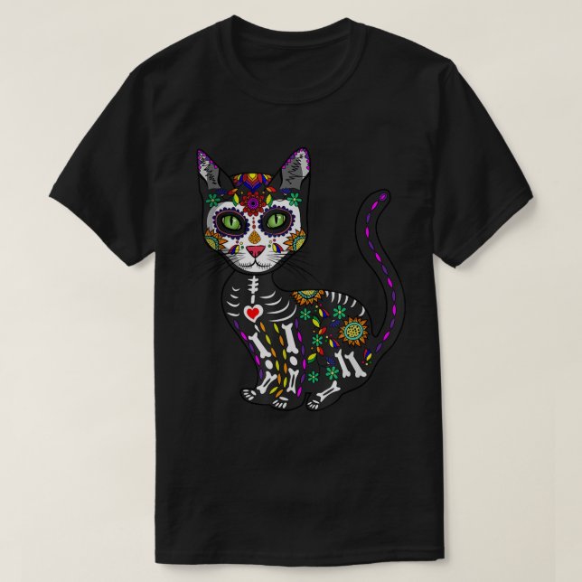 Cute Sugar Skull Mexican Cat Halloween Day Of The  T-Shirt (Design Front)