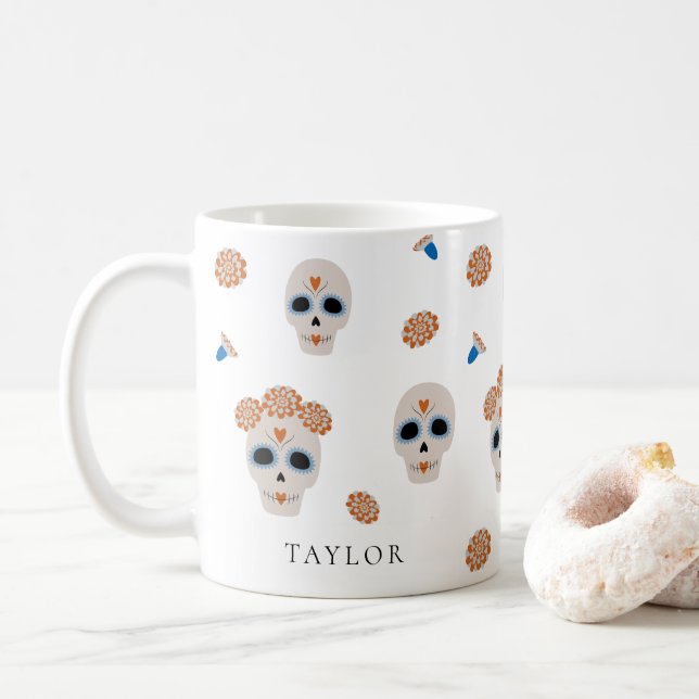 Cute Sugar Skull Pattern  | Modern Halloween Coffee Mug (With Donut)