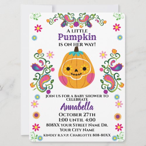 Cute Sugar Skull Pumpkin Halloween Baby Shower Invitation
