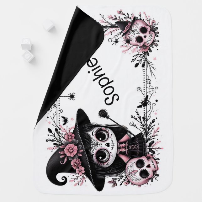 Cute Sugar Skull Witch with Skulls Baby Blanket (In Situ)