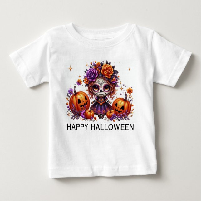 Cute Sugar Skull with Jack-O-Lanterns and Flowers Baby T-Shirt (Front)