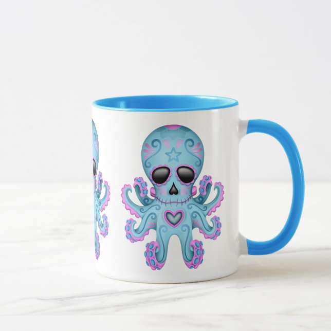 Cute Sugar Skull Zombie Octopus - Blue Mug (Right)