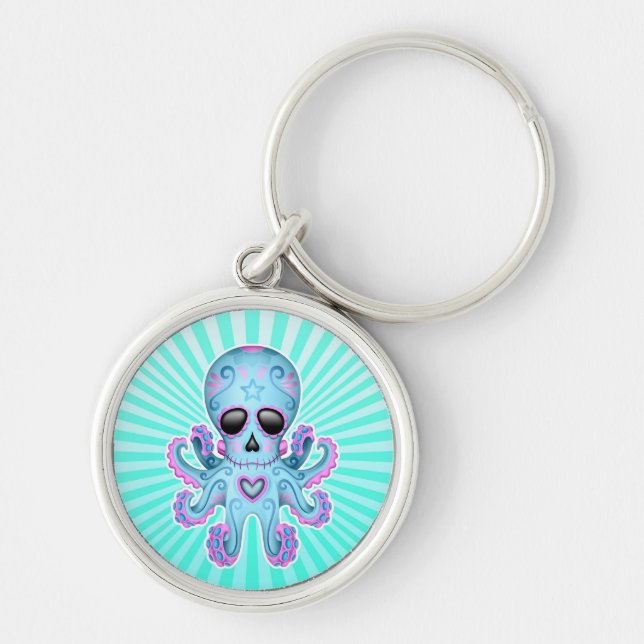 Cute Sugar Skull Zombie Octopus - Blue Pink Keychain (Front)
