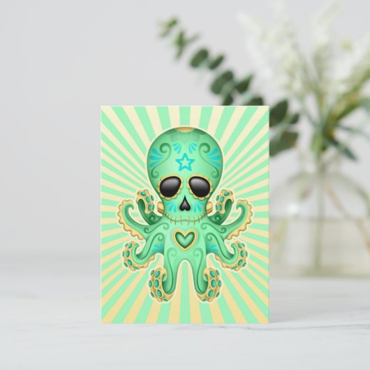 Cute Sugar Skull Zombie Octopus - Green (Standing Front)