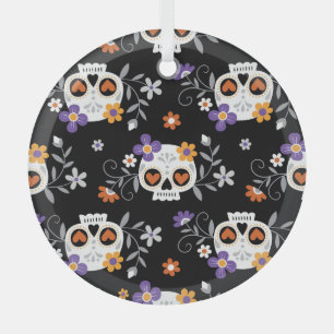 Cute Sugar Skulls Hand Drawn Glass Ornament