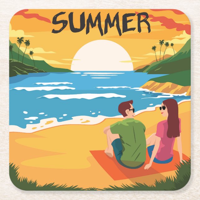 Cute Summer at the Beach Scene Square Paper Coaster (Front)