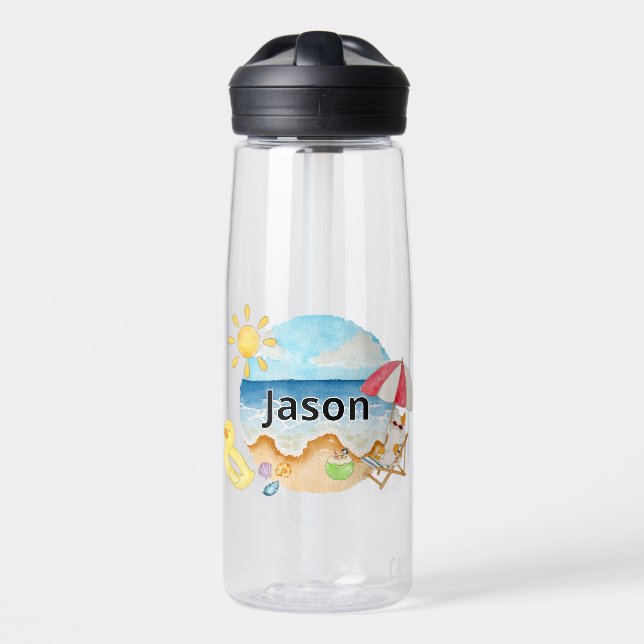 Cute Summer Beach Cat Personalized Clear Water Bottle (Front)
