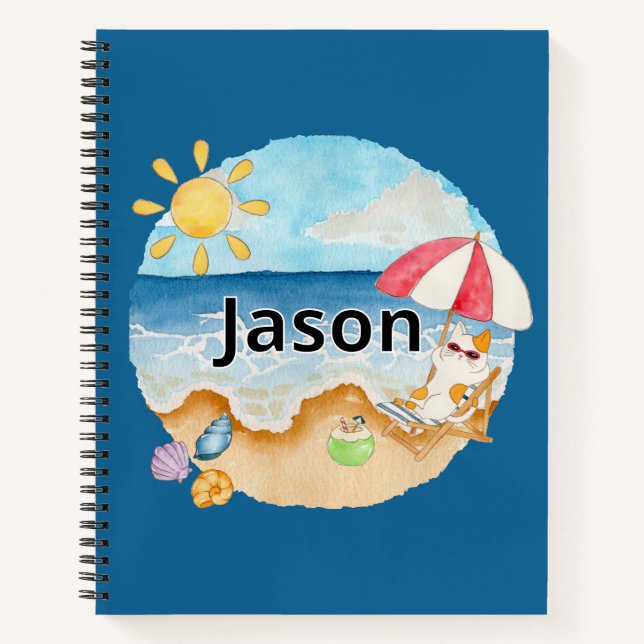 Cute Summer Beach Cat Personalized Hardcover Notebook (Front)