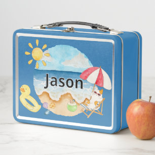 Cute Summer Beach Cat Personalized Metal Lunch Box