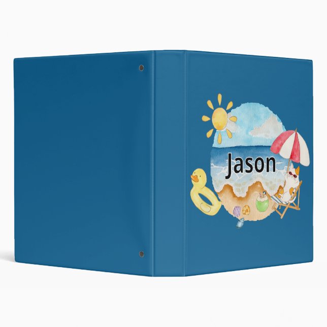 Cute Summer Beach Cat Personalized Name School 3 Ring Binder (Background)