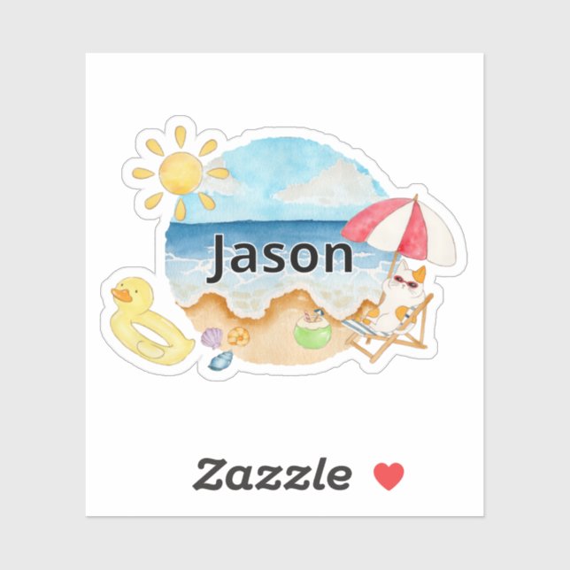Cute Summer Beach Cat Personalized Name Sticker (Sheet)