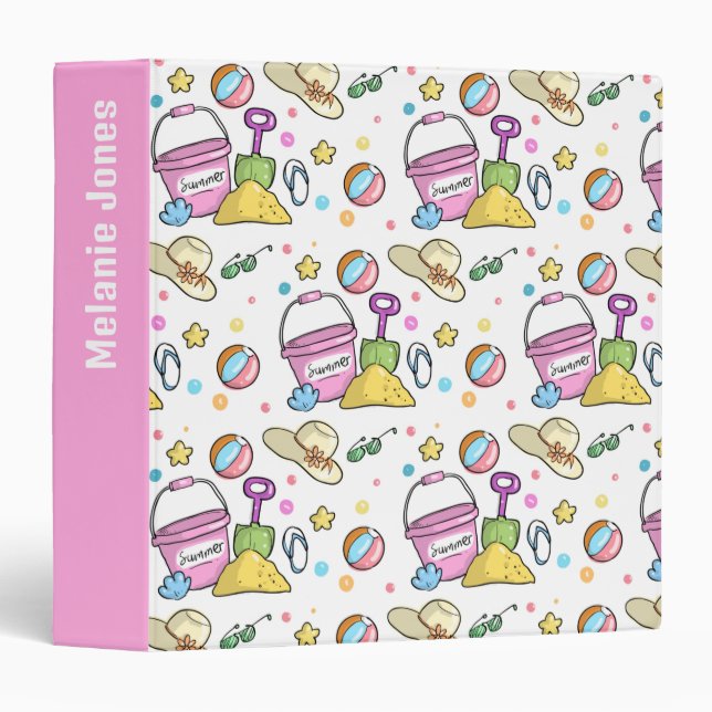 Cute Summer Beach Doodles Pattern Personalised 3 Ring Binder (Front/Spine)