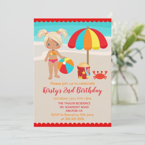 Cute Summer Beach Girl Birthday Party Invitation