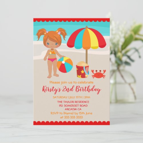 Cute Summer Beach Girl Birthday Party Invitation