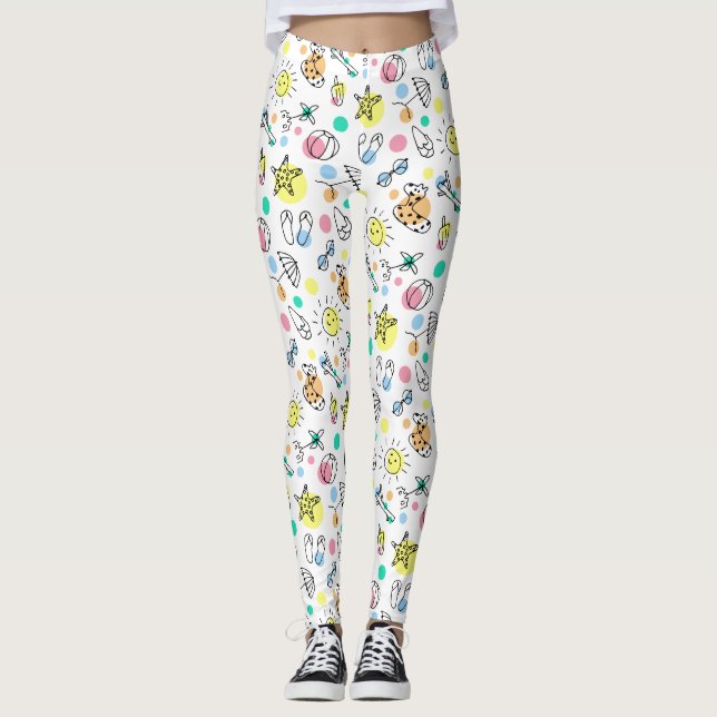 Cute Summer Beach Holiday Doodles Leggings (Front)