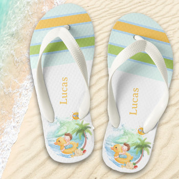 Cute Summer Beach Name Boy Kid's Flip Flops by KateEdenArt at Zazzle