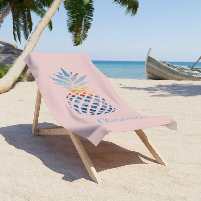 Cute Summer Blush Plink Tropical Pineapple Custom Beach Towel (Personalized Tropical Pineapple Blush Pink Beach Towel)