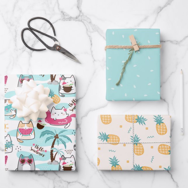 Cute Summer Cat Pineapple Wrapping Paper Sheets (Front)