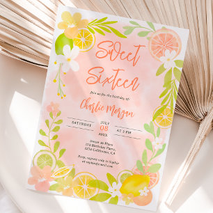 Cute summer citrus floral watercolor sweet 16 invitation