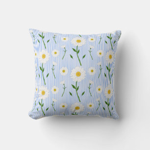 Cute Summer Daisies Pattern Light Blue Stripe Throw Pillow